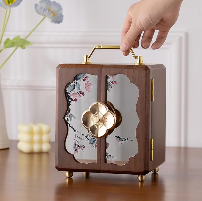 Black Walnut Jewelry Organizer, Wooden Jewelry Box with Gold Handle & Mirrored Flowers, 4 Layers of Storage | Perfect for Anniversaries, Birthdays, Weddings (Brown, 6.29"D x 5.9"W x 7.08"H)