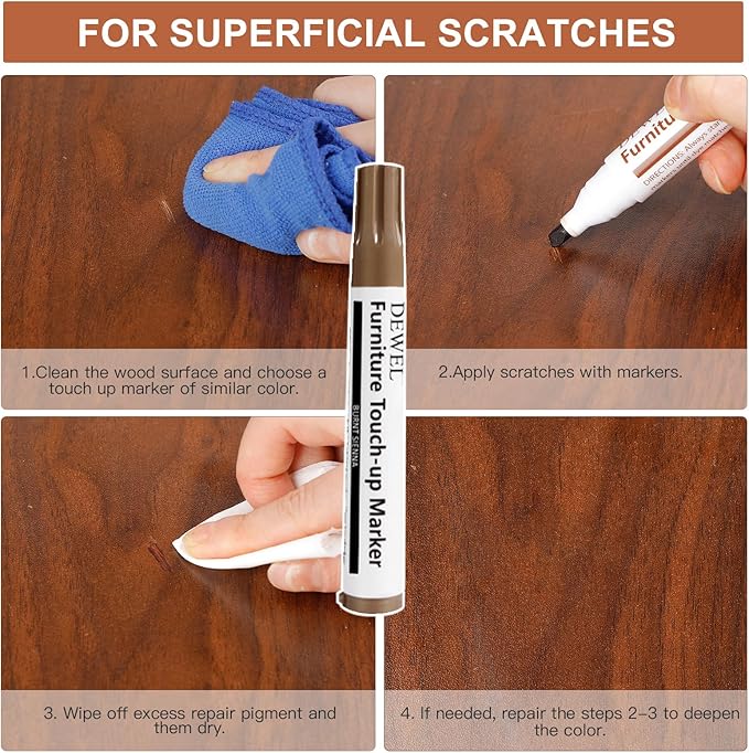 DEWEL Wood Furniture Repair Kit 40 Pcs, 12 Colors Wood Filler and Touch Up Markers, Wooden Putty and Polish Wax, Repair Scratch, Cracks, Hole, Stains for Hardwood Floor, Table, Laminate, Cabinet