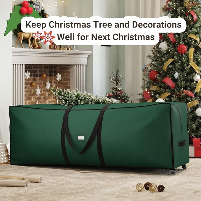 ELYKEN Christmas Tree Storage Bag with Wheels, Rolling Storage Bag for Artificial Christmas Tree and Decorations, Heavy Duty 600D Oxford Fabric, Length-Adjustable Handles, 16x20x64in, Green