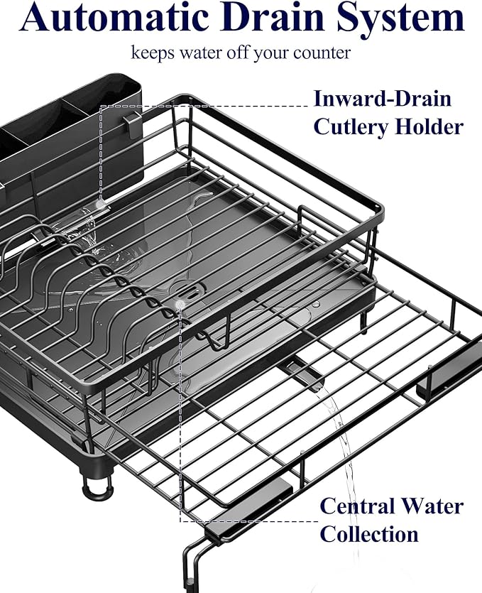 Kitsure Extendable Dish Drying Rack - Rust-Resistant Dish Racks for Kitchen Counter with Adjustable Support Legs, Cutlery Holder & Removable Draining Tray (Black, 15.6''-25.2''L × 16.9''W × 8.1''H)