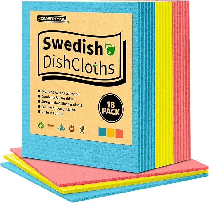 HOMERHYME Swedish Dishcloths, 18 Pack Kitchen Towels Dish Rags, Absorbent Swedish Dish Towels for Kitchen, Non-Scratch Cellulose Cleaning Wipes, Biodegradable Washable Reusable Paper Towels