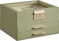 SONGMICS Jewelry Box Organizer with Glass Lid, 3-Layer Jewelry Storage, with 2 Drawers, Modern Style, 8 x 9.1 x 5.3 Inches, Laurel Green and Gold Color UJBC239C02