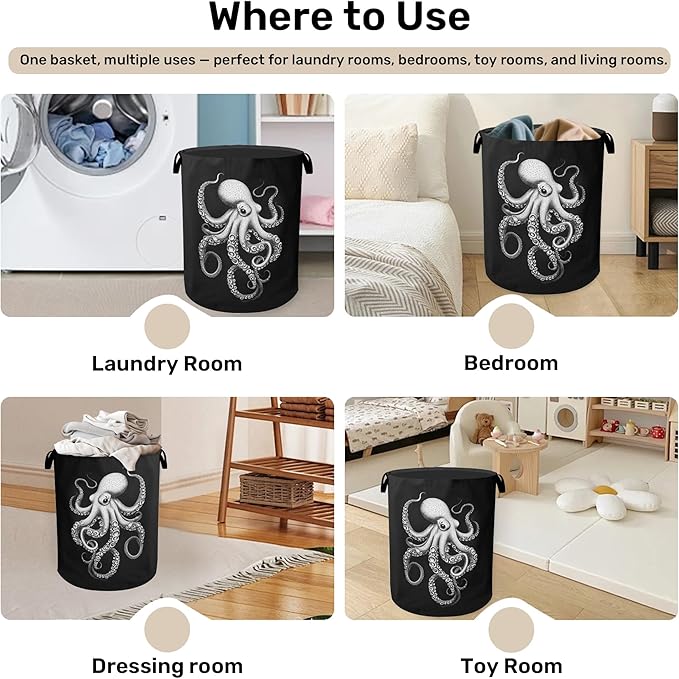 Black Octopus Laundry Basket - Heavy Duty 60L Dirty Clothes Organizer, Water Resistant Foldable Hamper for Men Women