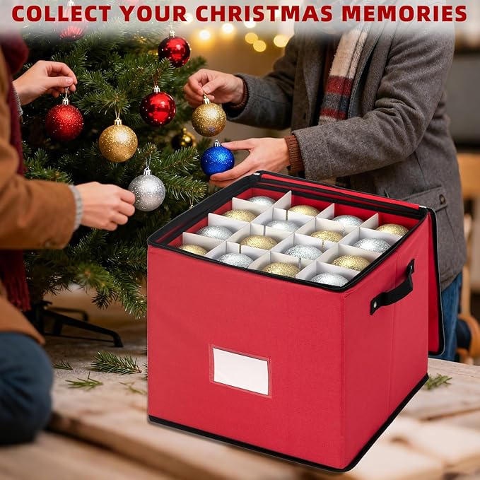 JY COOKMENT Christmas Ornament Storage Box with Adjustable Dividers, Premium Holiday Ornaments Storage Container Bin with Zippered Top for Xmas Decorations (64-3" Balls, Red, With Tray)