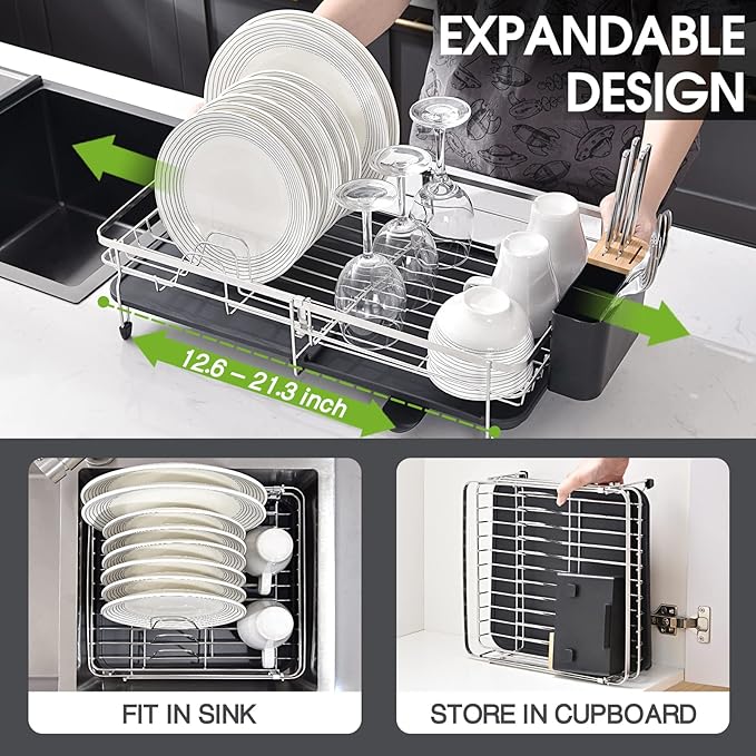 Expandable Dish Rack, Dish Drying Rack for Kitchen Counter, Foldable Dish Dryer Rack, Stainless Steel Dish Drainer Racks with Cutlery Holder, Collapsible Dish Drying Racks Standard Size, Silver