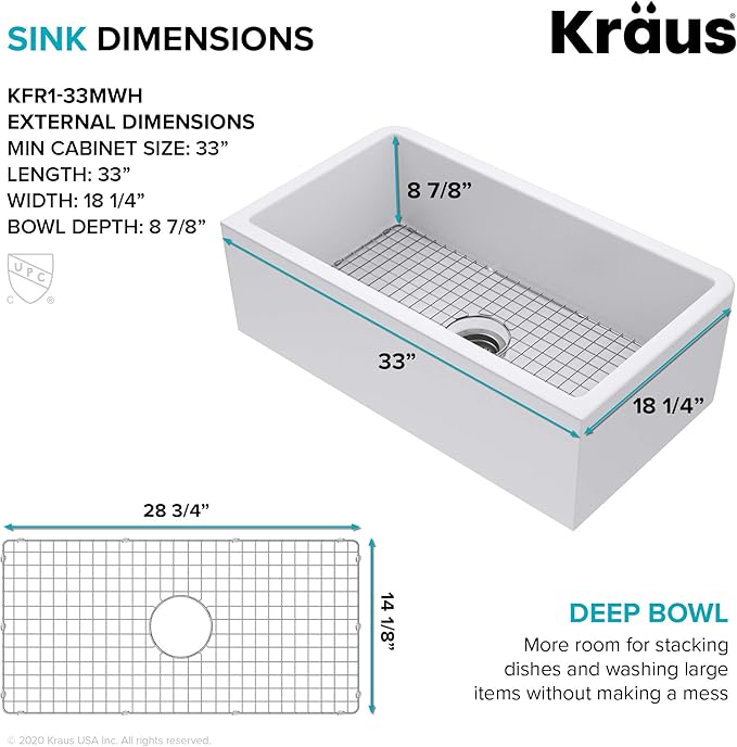 KRAUS Turino 33-inch Farmhouse Reversible Apron Front Fireclay Single Bowl Kitchen Sink in Matte White, KFR1-33MWH