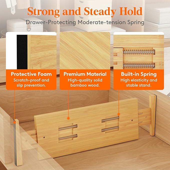 Lifewit 8 Pack 5" Deep Bamboo Drawer Dividers, 17.5-22" Expandable Drawer Organizers for Clothes, Adjustable Dresser Drawer Divider, Clothing Drawer Separators for Dresser, Bedroom, Bathroom, Kitchen