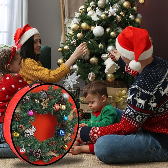 Pwsap 2 Pack Christmas Wreath Storage Container - 24 Inch, Garland Storage, Christmas Large Wreath Storage Container Cover, Durable Tarp Material, Dual Zipper Storage Bag for Xmas Holiday, Red