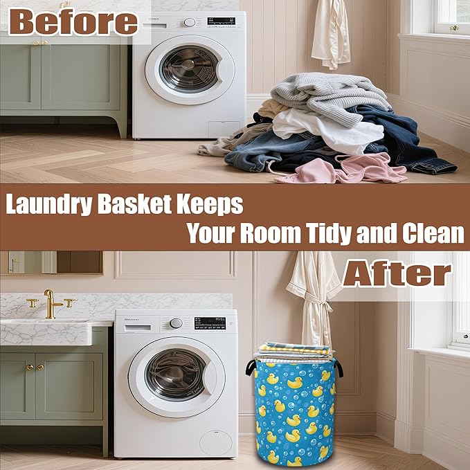 Laundry Hamper,Funny Yellow Duck Laundry Baskets,Waterproof Oxford Cloth Toy Storage for Bedroom,Bathroom,Nursery,16x20.8 Inch