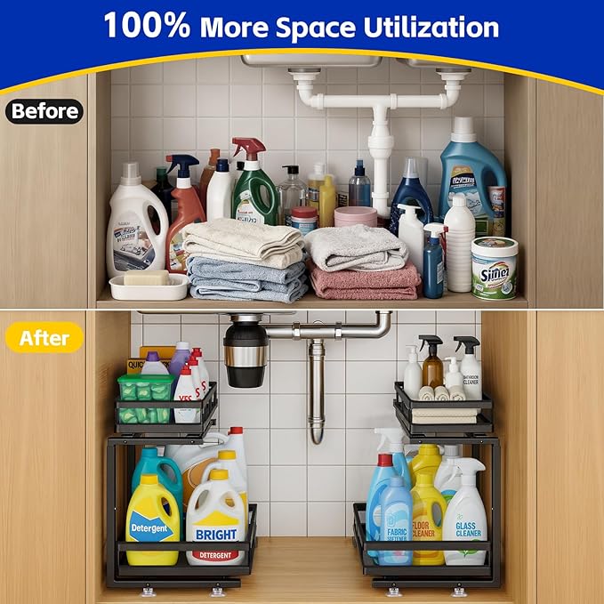 Under Sink Organizer, Dual-Rail Ball-Bearing, Under Kitchen Sink Organizer, 6-Level Adjustable, Under Cabinet Organizer, No-Drill Adhesive/Suction, Under Sink Storage (Matte Black, 2-Pack)
