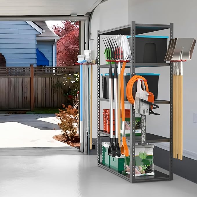 TORACK Garden Tool Organizer Wall Mount, Garage Folding Chair Storage Rack, Tools Rack for Shovels, Rakes, Broom, Ladders, Hooks for Keyhole Style Shelving Unit