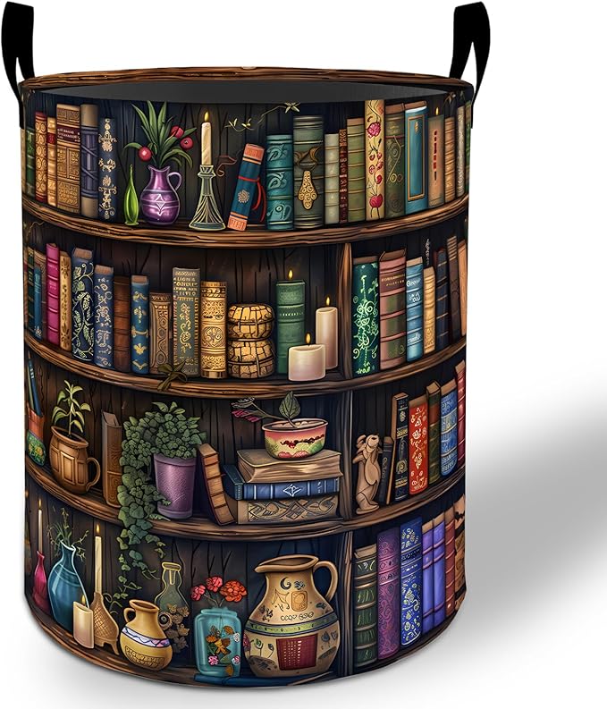 Bookshelf Laundry Basket Hamper 19.7"x15.8", Retro Library Foldable Waterproof Oxford Clothes Storage Bucket for Room Bathroom Bedroom Nursery Decor, Toy Organizer Bins Gifts for Kids Boys Girls