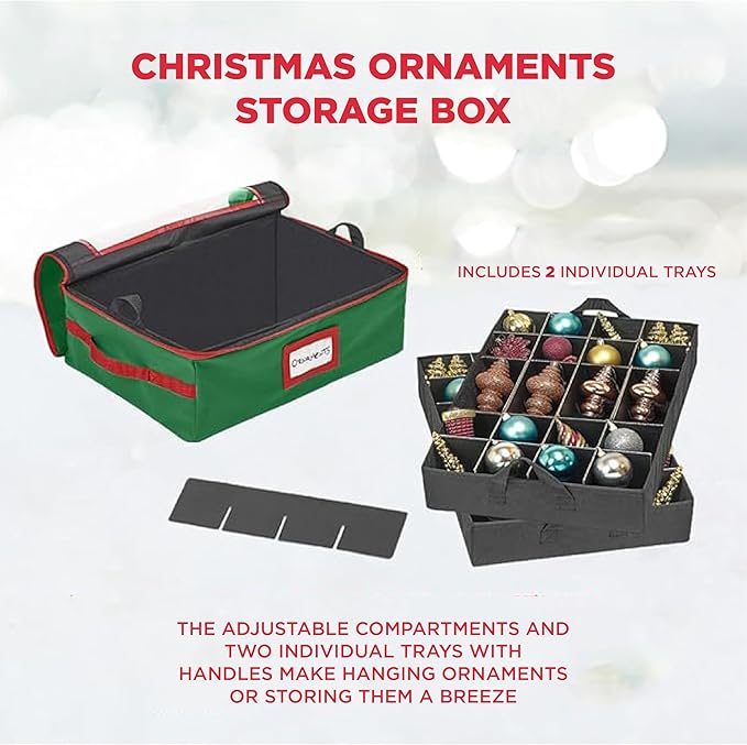 HOLDN’ STORAGE Christmas Ornament Storage Box with Dividers - Fits 48-3” Ornaments, 2 Removable Trays, Durable & Space-Saving, Clear Top Lid, Fits Underbed, Green