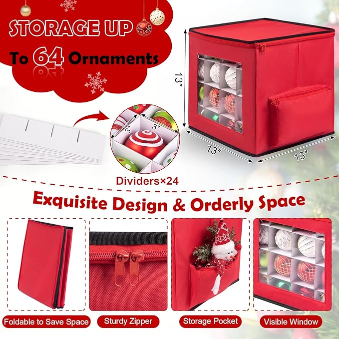 Christmas Ornament Storage Box, Premium Ornaments Organizer with Adjustable Dividers Pockets Clear Window Store Up to 64 Holiday Ornaments Storage Container Bin Zippered for Christmas Decorations Red