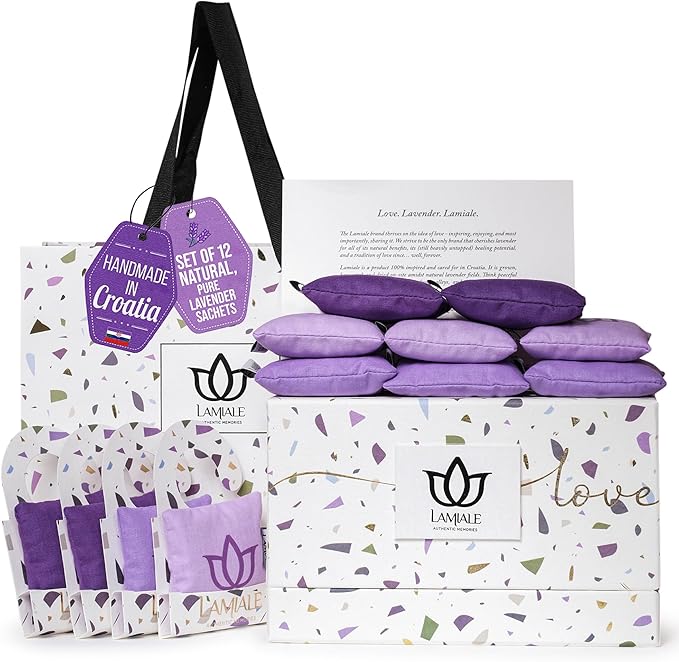 Lamiale Croatian Lavender Scented Sachets for Drawers and Closets – 12 Handmade Sachets, Natural Air Freshener, Moth Repellent, Thoughtful Gift for Her, Valentine's Day, Housewarming, Mother's Day