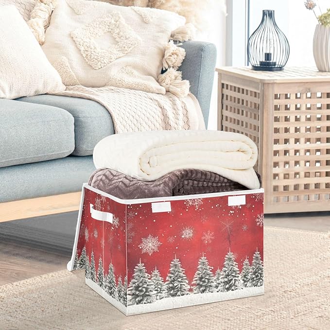 senya Christmas Baskets Collapsible Storage Bins with Lids, Christmas Trees Snowflakes Print Storage Boxes Clothes Baskets for Organizing, B06D22020