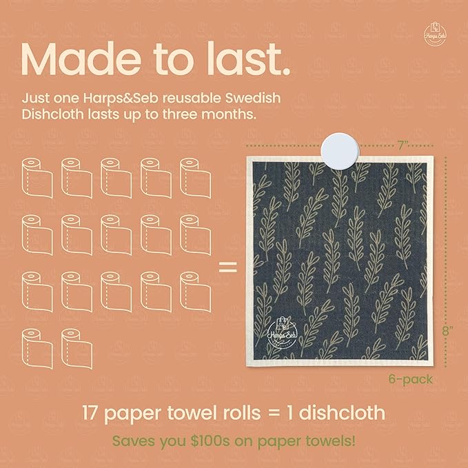 Harps&Seb Swedish Dishcloths for Kitchen Dishcloths - 6 Pack, Reusable Paper Towels with Clips, Super Absorbent Washable Non-Scratch Swedish Dish Towels, No Odor, Biodegradable