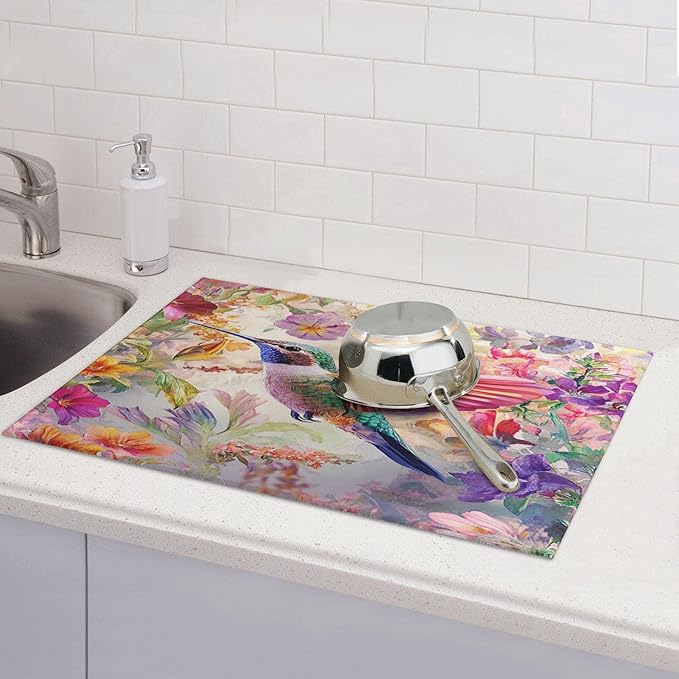 Hummingbird Dish Drying Mat for Kitchen Counter Microfiber Super Absorbent Non-Slip Dish Drying Pad for Countertops Dishes Utensils Stylish Quick-Dry Machine Washable 18x24 Inch