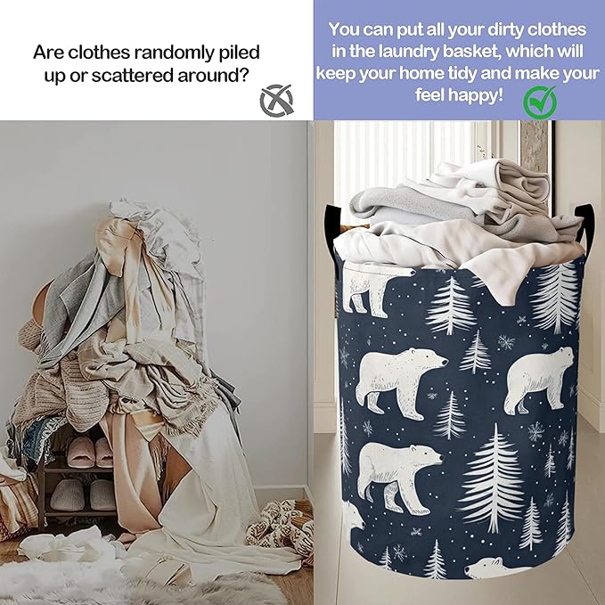 Cartoon White Bear Laundry Basket,Tree Large Canvas Fabric Lightweight Storage Hamper Organizer Dirty Clothes Collapsible Waterproof for College Dorms,Bathroom