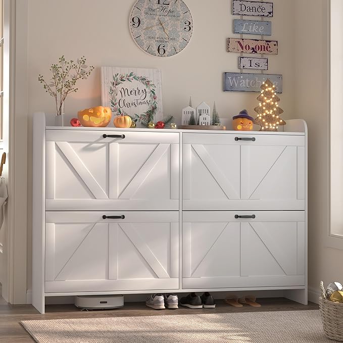 Shoe Cabinet with 4 Flip Drawers, Slim Narrow Shoe Storage Cabinet with Adjustable&Removable Shelves, Freestanding Wood Hidden Shoe Organizer for Entryway, Hallway (White)