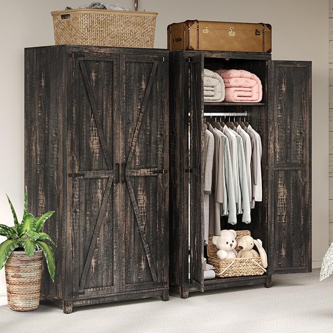 AMERLIFE Set of 2 Farmhouse Armoire Wardrobe Closet with 2 Barn Doors, 71'' Storage Cabinet with Shelf & Hanging Rod, Versatile Clothing Storage for Bedroom, Black Oak