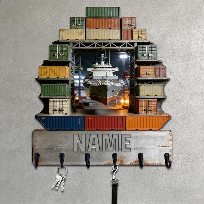 Personalized Wooden 2D Flat Print Container Ship Themed Wall Hooks for Living Room Hallway Office Custom Name Container Crane Coat Rack Port Transportation Key Storage Holder for Women Men Friends
