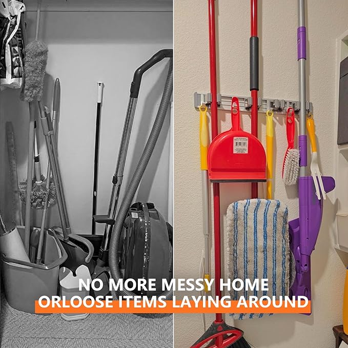 reliahom Broom Holder Wall Mount Mop and Broom Hanger Wall Mounted Garage Storage Rack Kitchen Garden Tool Organizer (5 Racks with 4 Hooks, Silver)