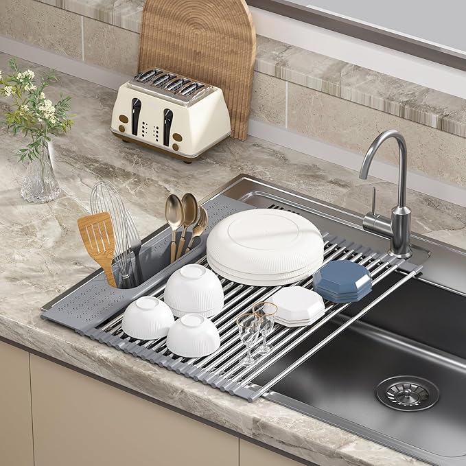 KEGFRES Roll Up Dish Drying Rack Over Sink, 17.5" x 15.2" Foldable SUS304 Stainless Steel Kitchen Dish Drainer, Heat-Resistant Multipurpose Rolling Sink Rack Organizer,Grey