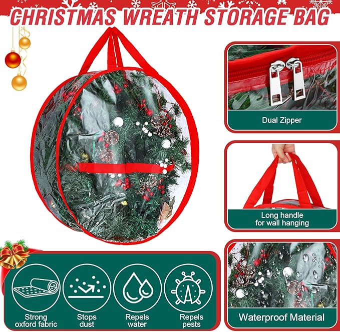 Zhengmy 6 Pcs Clear Christmas Wreath Storage Bag Wreath Storage Container With fixing strap Wreath Storage Box with Handles for Storing Garland Holiday Wreath Wrapping(24 Inches)