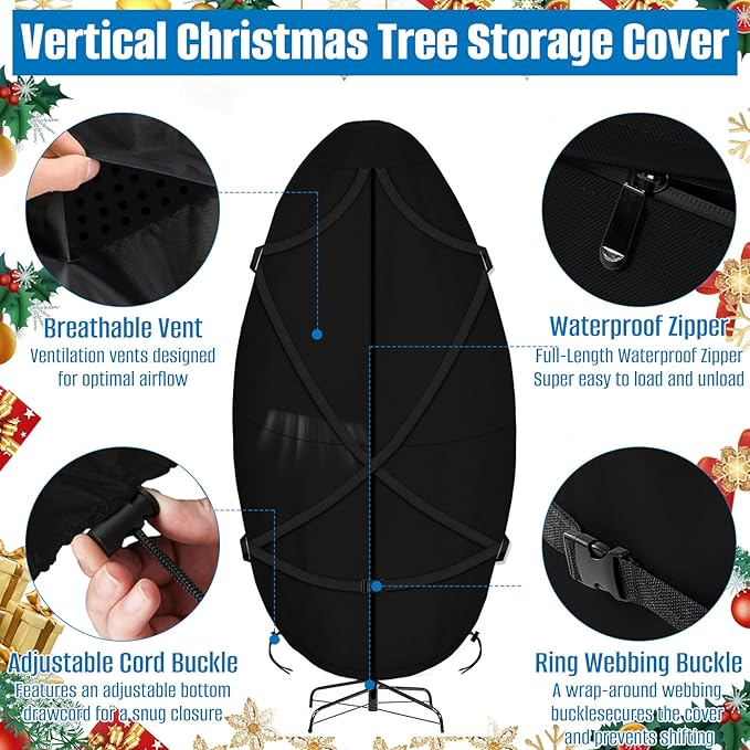 SIRUITON Upright Christmas Tree Storage Bag for 9 ft Tall,Heavy Duty 600D Oxford Fabric Vertical Xmas Storage Bags,Waterproof & Tear-Resistant Christmas Tree Cover with UV Protection