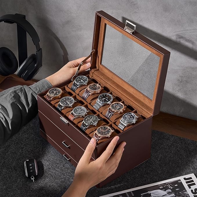 ProCase 20 Slot Watch Box for Men, 3-Layer Watch Display Case with Glass Lid, Watch Holder with Drawer, Jewelry Storage Organizer for Watches Straps Rings -Brown