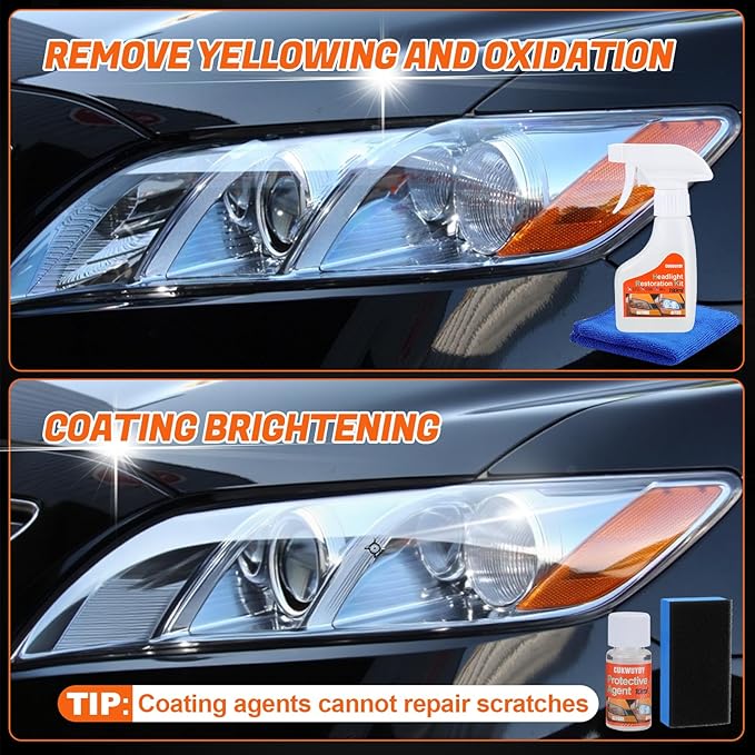 CUKWUYBY Headlight Restoration Kit Headlight Cleaner Head Light Cleaner Removing Yellowing Oxidized with Headlight Cleaner Coating Agent Sponge Towel (Scratches & Damages Cannot be Repaired)