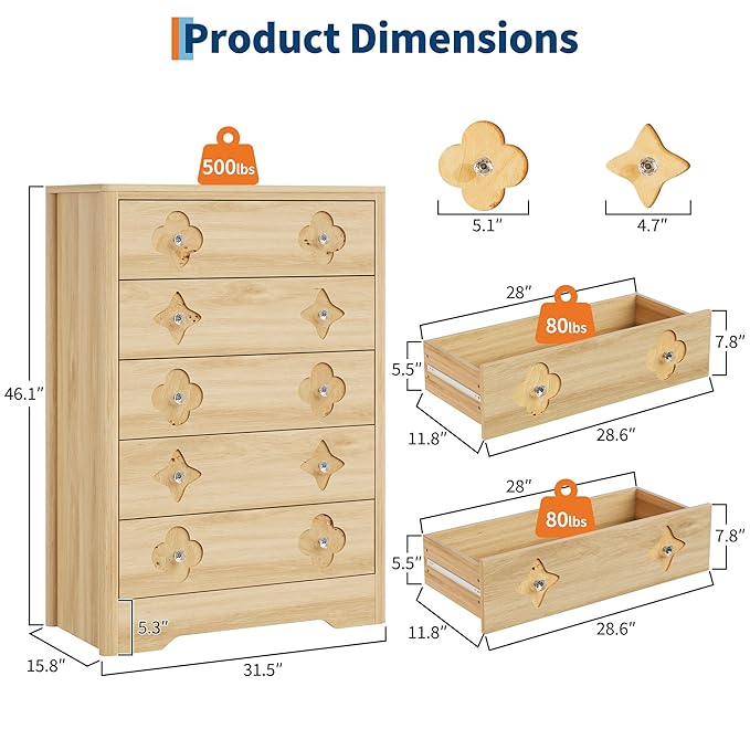 Garvee Dresser for Bedroom with 5 Drawers, 45'' Tall Chest of Large Decorative Drawer Front with Large Clothes Storage Cabinet, Wood Bedroom Dresser, TV Stand for Nursery, Living Room, Enterway