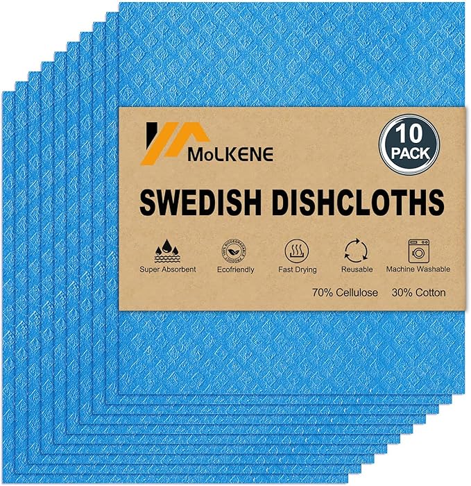 MoLKENE Swedish Dishcloths - 10 Pack Reusable Kitchen Dishcloths - Ultra Absorbent Dish Towels for Washing Dishes - Cellulose Sponge Cloth Cleaning Cloths - Blue