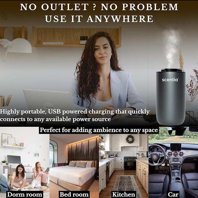 Waterless Essential Oil Diffuser Starter Kit-Wireless Portable Scent Diffuser for Home Room Car Office, Smart Car Freshener, Dual Modes, Auto Shut-Off, 3 Mist Levels, Ambient Light, Valentine Gift