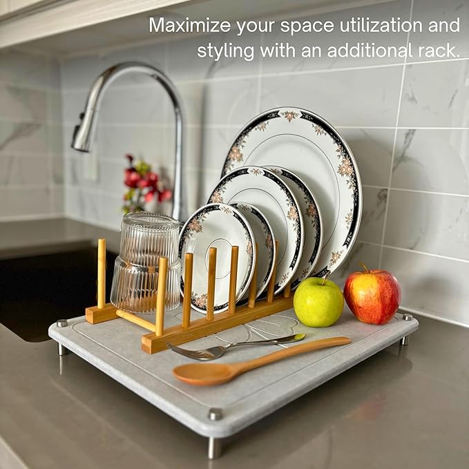 GRUZAM 2 Pcs Stone Dish Drying Mat, 2 Tier Dish Drying Stone for Kitchen Counter with Absorbent Dish Drying Mat, Stone Dish Drying Rack, Flexible Stone drying rack (Sandstone, 15.6" x 11.7" x 6.7")
