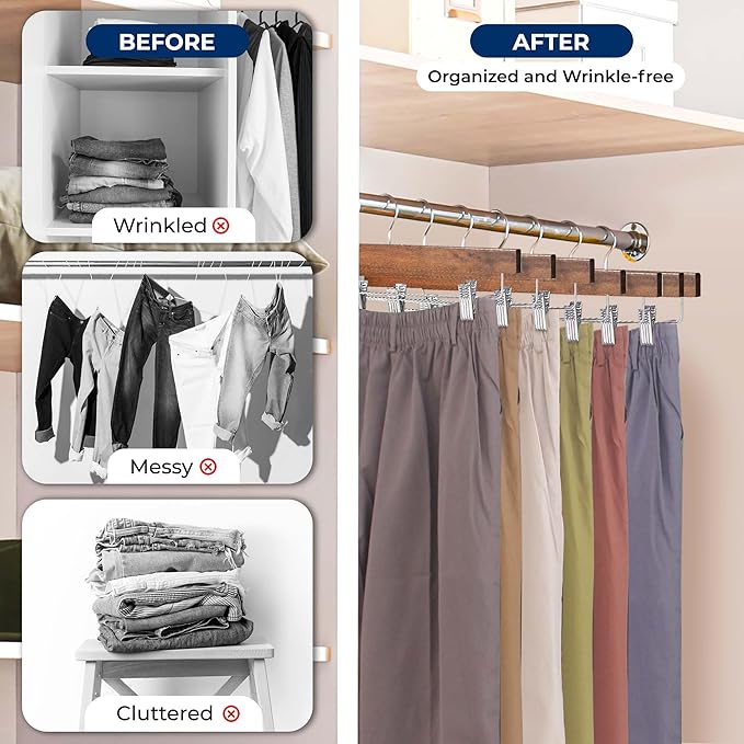 SereneLife 30 Pack Skirt and Pant Hanger with Adjustable Non-Slip Steel Clips, Premium Wooden, 360° Swivel Hook & 10 lb Capacity – Space-Saving Heavy-Duty Hangers for Jeans, Shorts & Slacks (Brown)