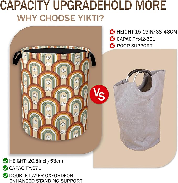 Collapsible Laundry Basket,Boho Rainbow Dirty Clothes Hamper,70s Groovy Flowers Hampers for Bedroom Waterproof Oxford Cloth Storage Organizer for Bathroom,Nursery,Dorm,16x20 Inch