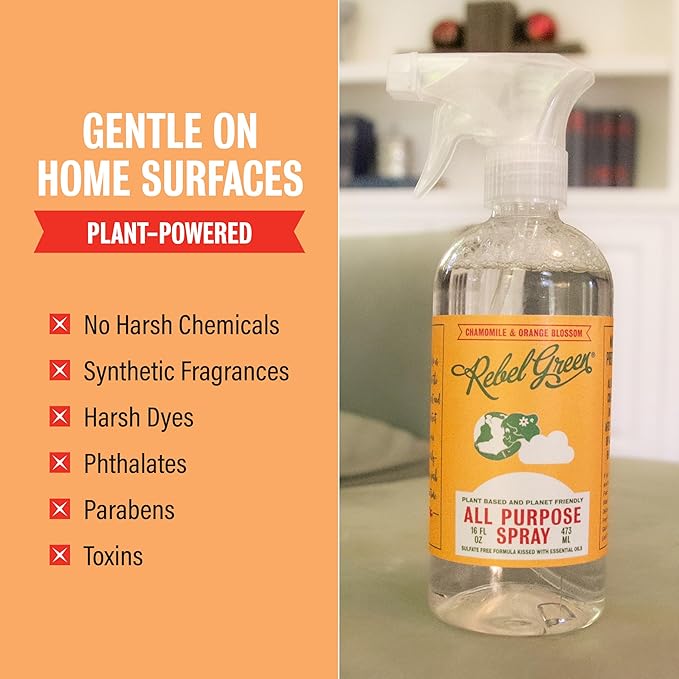 Rebel Green Natural All-Purpose Cleaning Spray - Plant-Based Multi-Surface Cleaner with Essential Oils for Kitchen, Bath, Countertops and More - Orange & Chamomile - 16 oz - 2 Pack