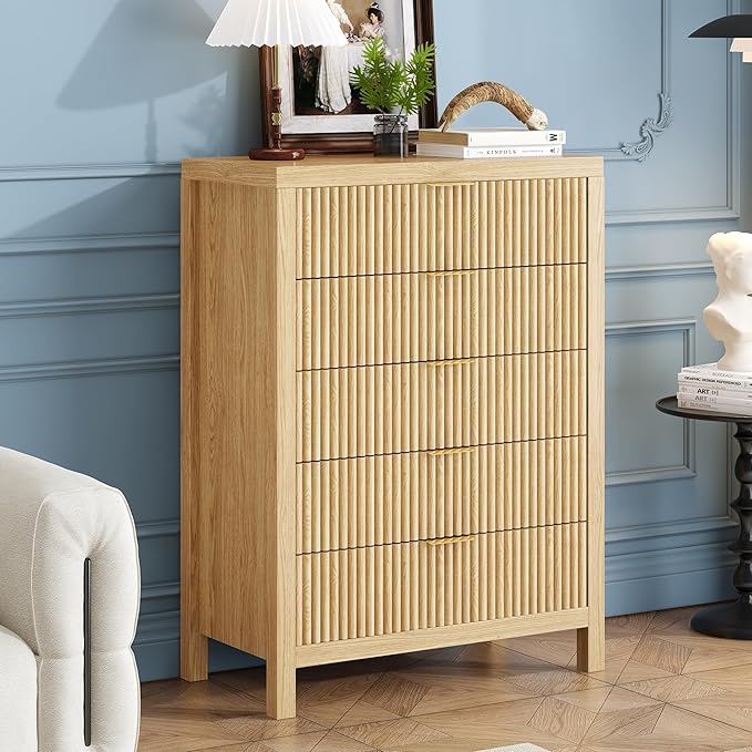 43" 5 Tall Drawer Dresser Organizer TV Drawer Cabinet Modern Wood Storage Cabinet, Modern Wood Storage Cabinet for Bedroom, Hallway, Entryway, Natural Oak