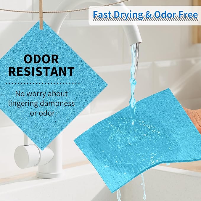 HOMERHYME Swedish Dishcloths, 10 Pack Kitchen Towels Dish Rags, Absorbent Swedish Dish Towels for Kitchen, Non-Scratch Cellulose Sponge Cloths, Biodegradable Washable Reusable Paper Towels, Blue