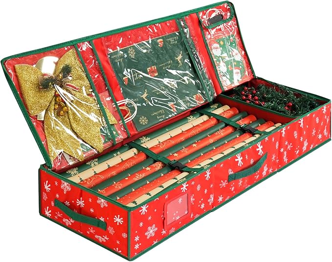 42'' Christmas Wrapping Paper Storage Organizer 600D Oxford Fabric Xmas Accessories Containers Bag Durable Fabric, Accessory Pockets for Ribbons, Gift Wrap Storage Bin（Red）