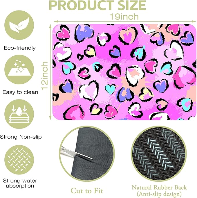 Chaotic Leopard Dish Drying Mat Hearts Element Leopard Kitchen Mat 12"x19" Bsorbent Coffee Maker Mat for Dishes Utensils Coffee Maker Pots and Pans Easy Clean Dish Slip Resistant Pad