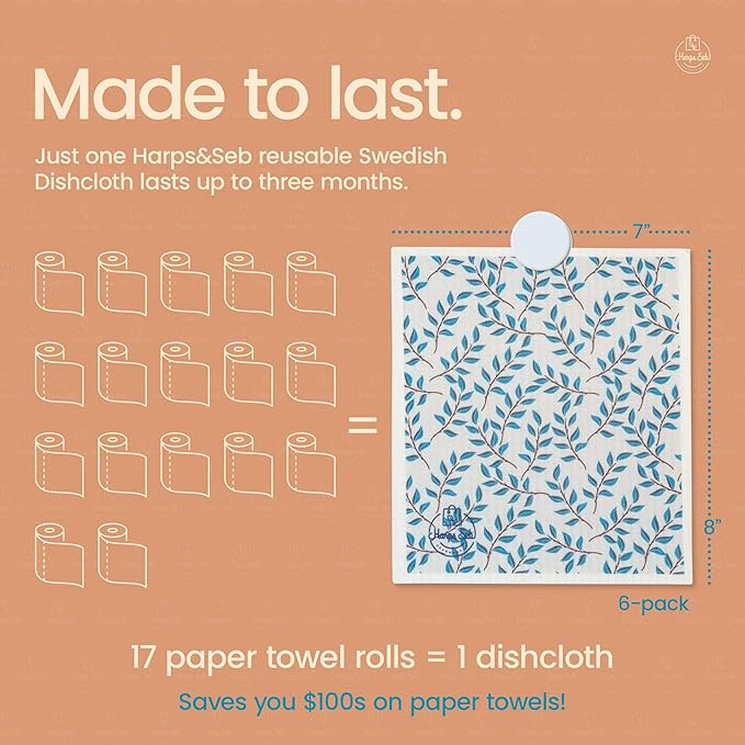 Harps&Seb Swedish Dishcloths for Kitchen Dishcloths - 6 Pack, Reusable Paper Towels with Clips, Super Absorbent Washable Non-Scratch Swedish Dish Towels, No Odor, Biodegradable