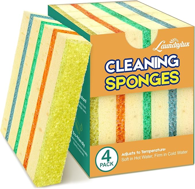 LAUNDRYLUX 4 Pack Scrub Sponge - Temperature-Responsive - 50% More Power & Rinses Cleaner Cleaning Sponges, Multipurpose Dish Sponges for Kitchens, Bathrooms, and Outdoor Use - Patent Pending
