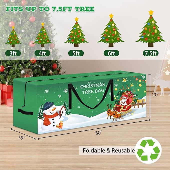 Christmas Tree Storage Bag 7.5 Ft Large Christmas Tree Bag with Reinforced Handles & Dual Zippers Wide Opening, Heavy Duty Oxford Fabric Xmas Ornament Storage Box Protects From Moisture, Dust (Green)