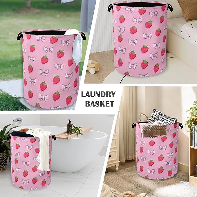 Cute Strawberry Laundry Basket,Bow Foldable with Handles Tote Bag Oxford Cloth for Bathroom Bedroom Dirty Clothes Storage Bucket 16" x 20.8"
