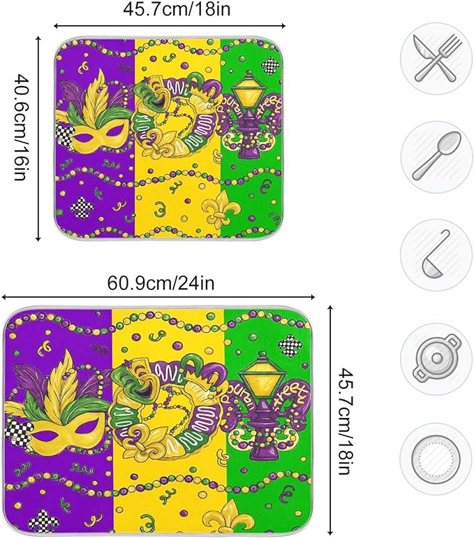 Happy Mardi Gras Dish Drying Mat for Kitchen Countertop 16x18 Fleur de Lis New Orleans Carnival Purple Green Small Drying Mat Reusable Quick Dry Dish Sink Mats Easy Clean Decorative Essentials