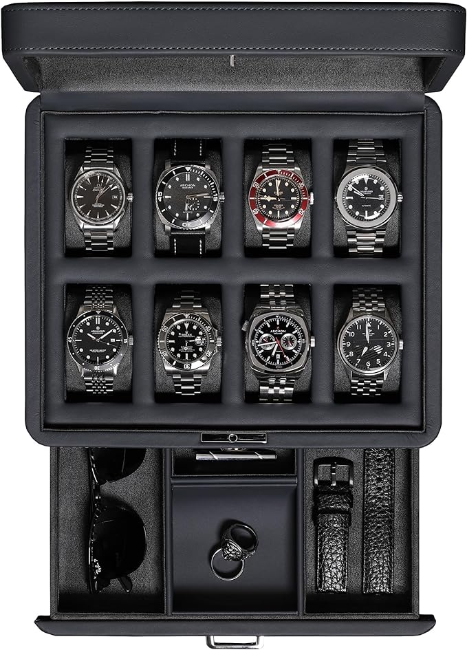 ROTHWELL 8 Slot Leather Watch Box with Valet Drawer - Luxury Case Display Jewelry Organizer, Locking Display Case Holder with Real Glass Top - Watch Box Organizer for Men & Women (Carbon)