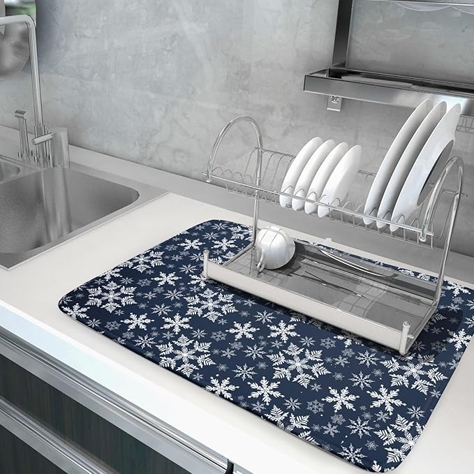 Christmas Dish Drying Mat for Kitchen Counter 24x18 Inch Xmas Snowflake Drying Mat with Absorbent Reversible Microfiber Blue Dish Drainer Mats Rack Pad for Coffee Countertop Protector